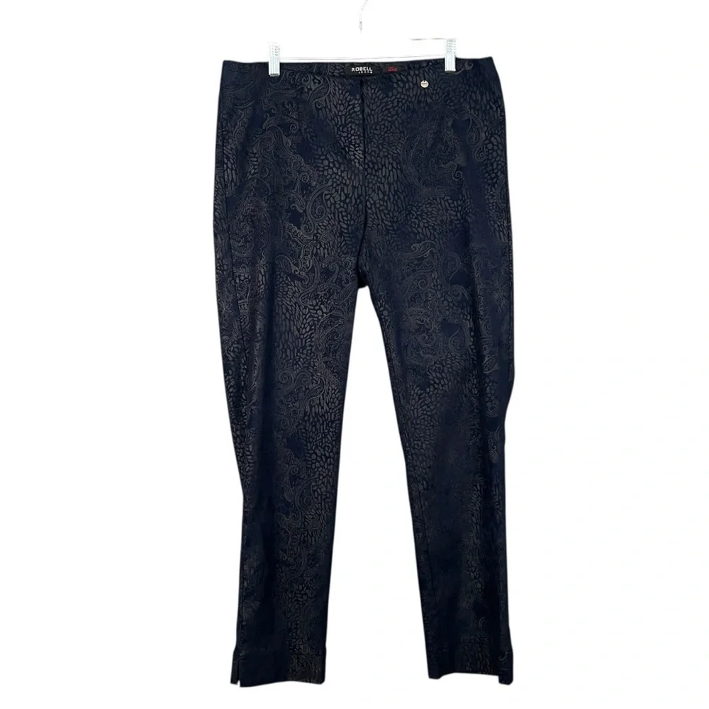 ROBELL Marie Slim Fit Trousers Paisley Jacquard Dark Blue Women's Size US 14